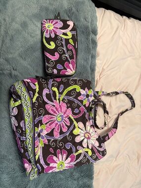 Vera Bradley Brown Quilted Tote/Wallet with Pink, Purple & Green Floral Print